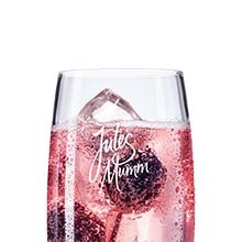 Ein stilvolles Glas mit einem sprudelnden, rosafarbenen Getränk, das mit einem Eiswürfel und frischen Beeren dekoriert ist.
