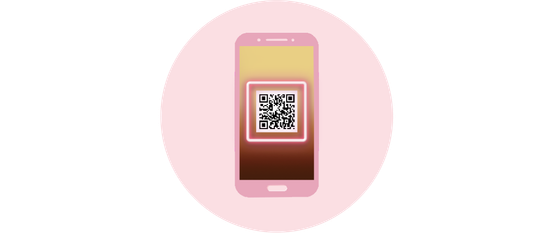 Das Bild zeigt ein Smartphone in Rosa, das einen QR-Code anzeigt, der in einem harmonischen Farbverlauf eingebettet ist.
