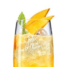 Ein erfrischendes Getränk in einem hohen Glas, garniert mit frischen Mangoscheiben und einem Minzblatt.