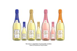 Ein elegantes Arrangement von Sektflaschen, darunter eine rosafarbene und eine goldene Flasche, die die Auswahl betont.