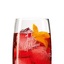 Ein stilvolles Glas mit einem prickelnden, roten Getränk und Eis, das mit einer frischen Orangenscheibe garniert ist.