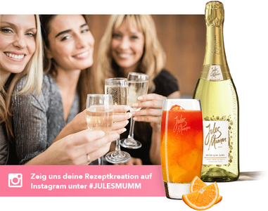 Fröhliche Frauen heben ihre Gläser in einem Toast, während ein erfrischendes Getränk und eine Flasche Sekt im Bild hervorgehoben werden.
