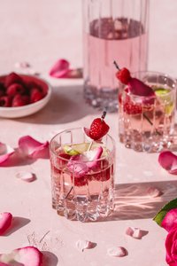 Ein elegantes Glas mit einem rosa Getränk, garniert mit Himbeeren und Rosenblüten, steht auf einer zarten rosa Oberfläche.