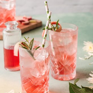 Zwei erfrischende pinkfarbene Cocktails mit Eis, dekoriert mit Rosmarin und einem grünen Strohhalm auf einem sanften Hintergrund.