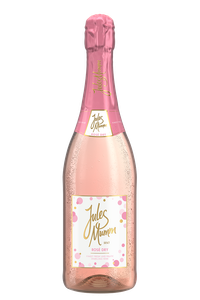 Eine Flasche Jules Mumm Rosé Sekt mit einem eleganten, rosafarbenen Etikett und sprudelnden Blasen im Glas.