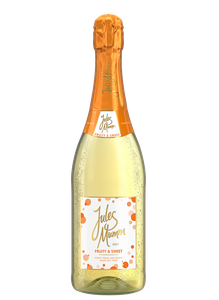 Eine Flasche Jules Mumm Sekt mit einem leuchtend orangefarbenen Korken und einer fruchtigen, süßen Etikette.