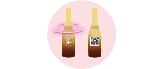 Eine schicke Flasche mit einem goldenen Etikett und QR-Code, die in einem runden, rosa Rahmen präsentiert wird.