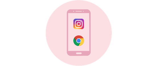 Das Bild zeigt ein pinkes Handy mit den Logos von Instagram und Chrome, umgeben von einem runden, rosa Rahmen.