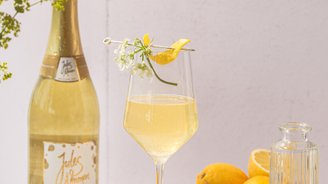 Ein elegantes Glas mit sprudelndem Getränk, garniert mit einer Zitronenschale und Blumen, steht auf einem marmorierten Tisch.