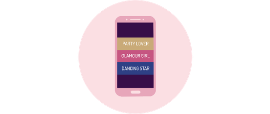 Ein rosa Smartphone zeigt drei bunte Begriffe: 'Party Lover', 'Glamour Girl' und 'Dancing Star' auf einem lila Hintergrund.