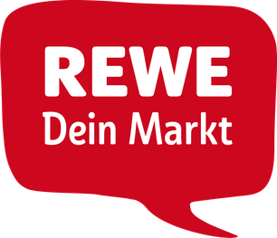 Das Logo von REWE zeigt den Slogan 'Dein Markt' in einer klaren, modernen Schrift auf rotem Hintergrund.