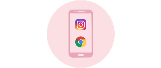 Das Bild zeigt ein pinkes Handy mit den Logos von Instagram und Chrome, umgeben von einem runden, rosa Rahmen.