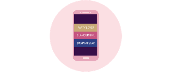 Ein rosa Smartphone zeigt drei bunte Begriffe: 'Party Lover', 'Glamour Girl' und 'Dancing Star' auf einem lila Hintergrund.