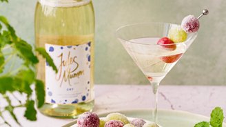 Ein stilvolles Martini-Glas mit sprudelndem Getränk und einer Garnitur aus bunten Trauben, neben einer Flasche Sekt platziert.