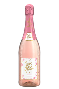 Eine Flasche Jules Mumm Rosé Sekt mit einem eleganten, rosafarbenen Etikett und sprudelnden Blasen im Glas.