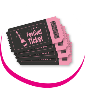 Vier Festival-Tickets liegen übereinander, darauf zu sehen ist ein QR-Code, eine pinke Sektflasche und der Schriftzug 'Festival Ticket' in pinker Schrift.