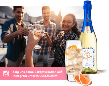 Freunde feiern zusammen, während sie mit Gläsern anstoßen, und ein erfrischendes Getränk steht prominent im Bild.