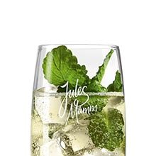 Ein elegantes Glas mit einem erfrischenden Getränk, gefüllt mit Eiswürfeln und frischen Minzblättern, steht bereit.