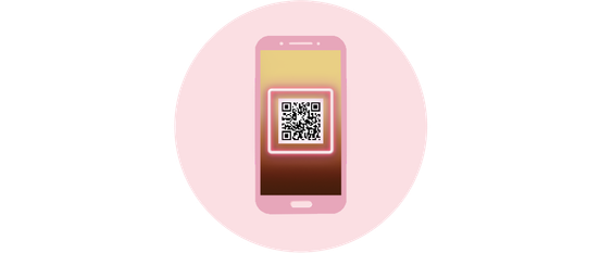 Das Bild zeigt ein Smartphone in Rosa, das einen QR-Code anzeigt, der in einem harmonischen Farbverlauf eingebettet ist.