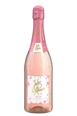 Eine Flasche Jules Mumm Rosé Sekt mit einem eleganten, rosafarbenen Etikett und sprudelnden Blasen im Glas.
