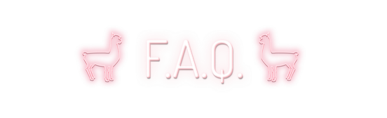Zwei stilisierte Lamas in rosa Umrissen flankieren den Text 'F.A.Q.' auf einem sanften, pastellfarbenen Hintergrund.